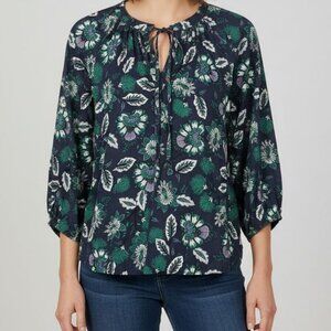 Ann Taylor LOFT Floral Tie Neck Blouse Womens S Shirred Cotton